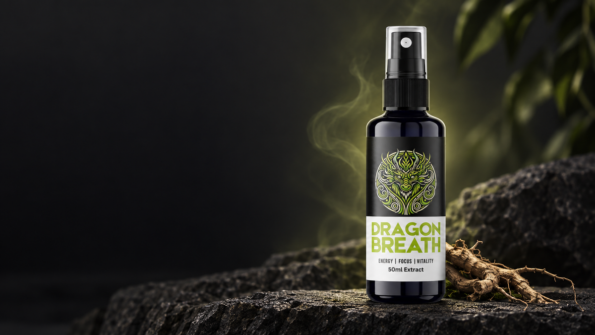Dragon Breath bottle beside a piece of Chilcuague root on dark stone